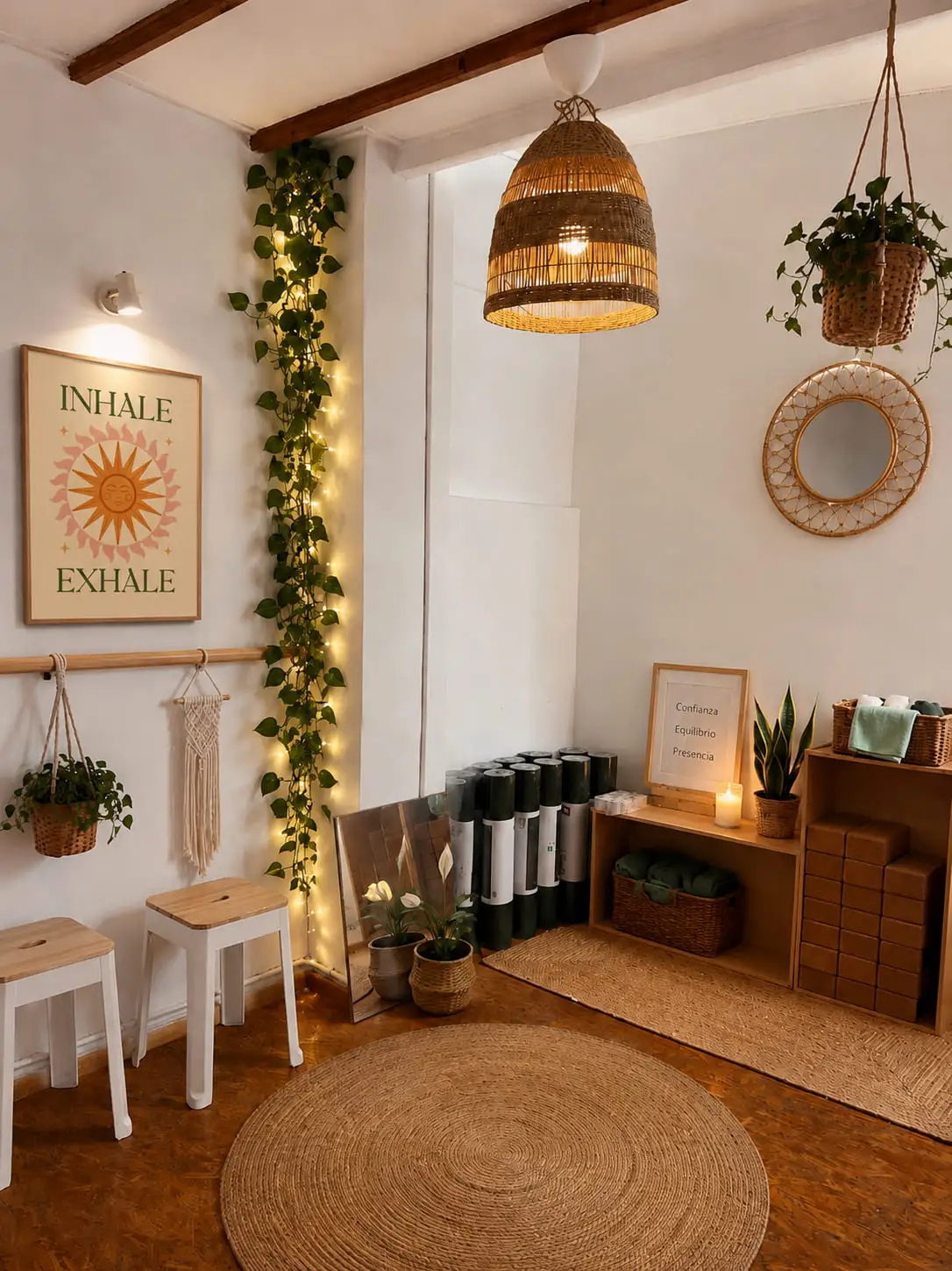 Rincón del estudio SAHURI con la lámina «Inhale · Exhale», plantas y luz natural