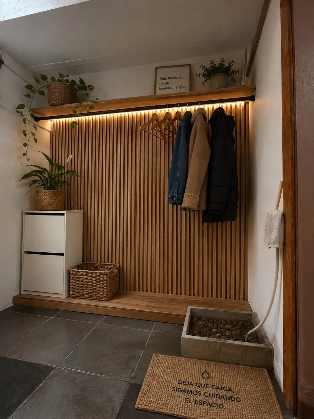 Recibidor del estudio con panelado de madera, perchero y felpudo de bienvenida