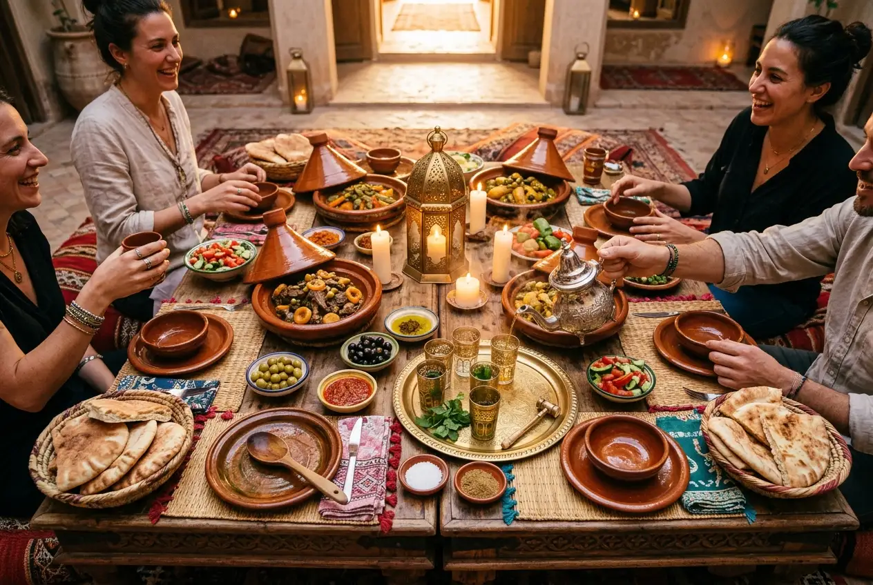 Mesa de cena marroquí compartida con tajines y té a la menta