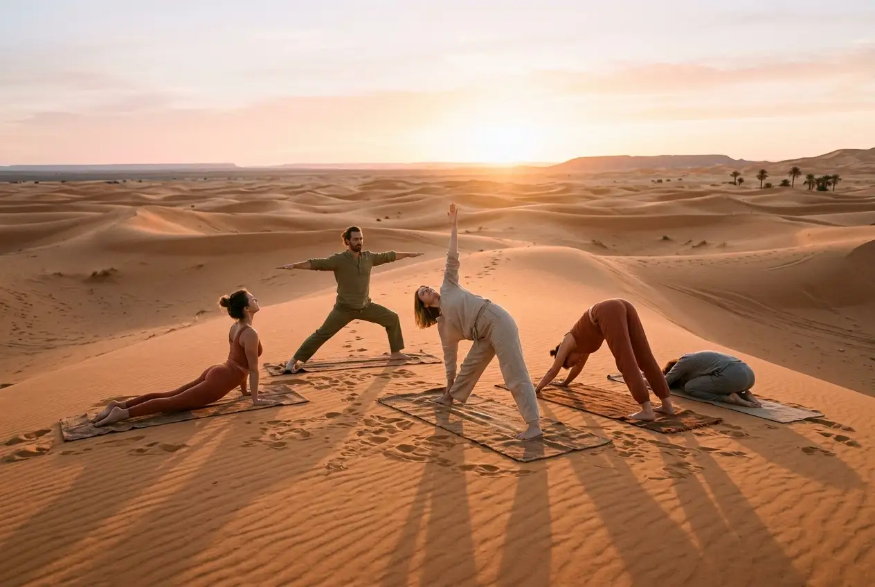 Práctica de yoga al amanecer sobre las dunas del desierto