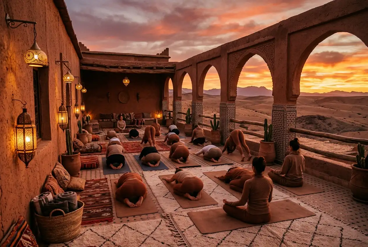 Terraza de retiro en Marruecos al atardecer con esterillas de yoga