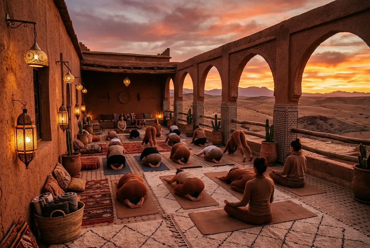 Terraza de retiro en Marruecos al atardecer con esterillas de yoga