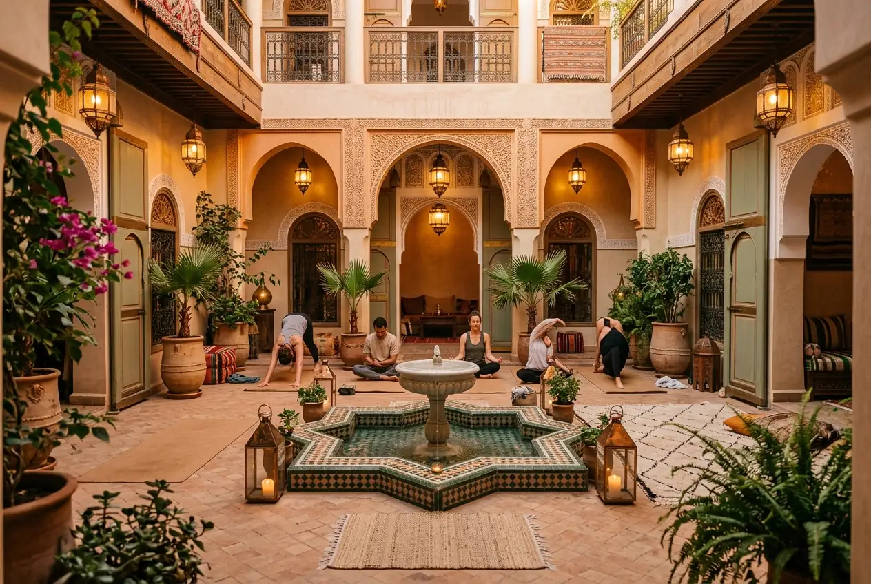 Patio interior de un riad marroquí con arcos y farolillos
